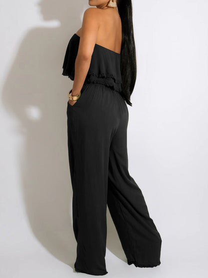 Women's Jumpsuits Solid Ruffle Tie Pocket Jumpsuit - Jumpsuits - Instastyled | Online Fashion Free Shipping Clothing, Dresses, Tops, Shoes - 04/08/2022 - Bottoms - Color_Black