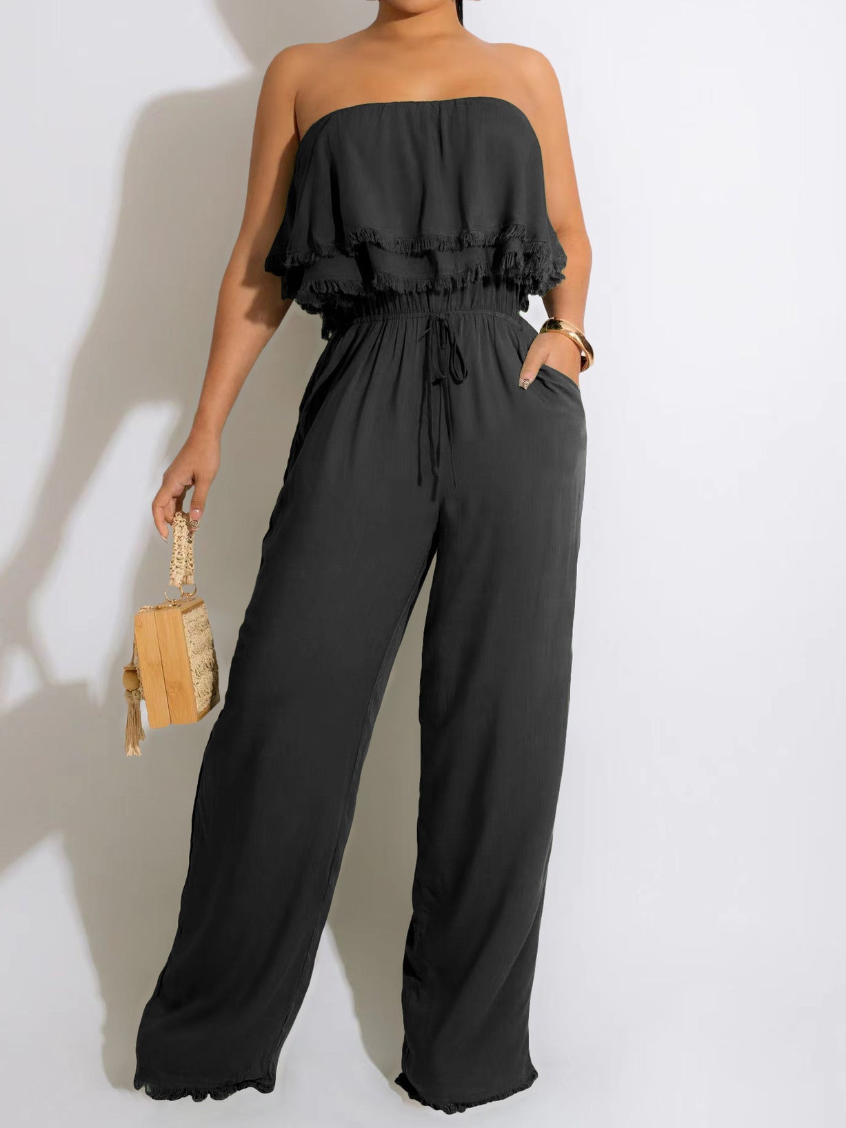 Women's Jumpsuits Solid Ruffle Tie Pocket Jumpsuit - Jumpsuits - Instastyled | Online Fashion Free Shipping Clothing, Dresses, Tops, Shoes - 04/08/2022 - Bottoms - Color_Black