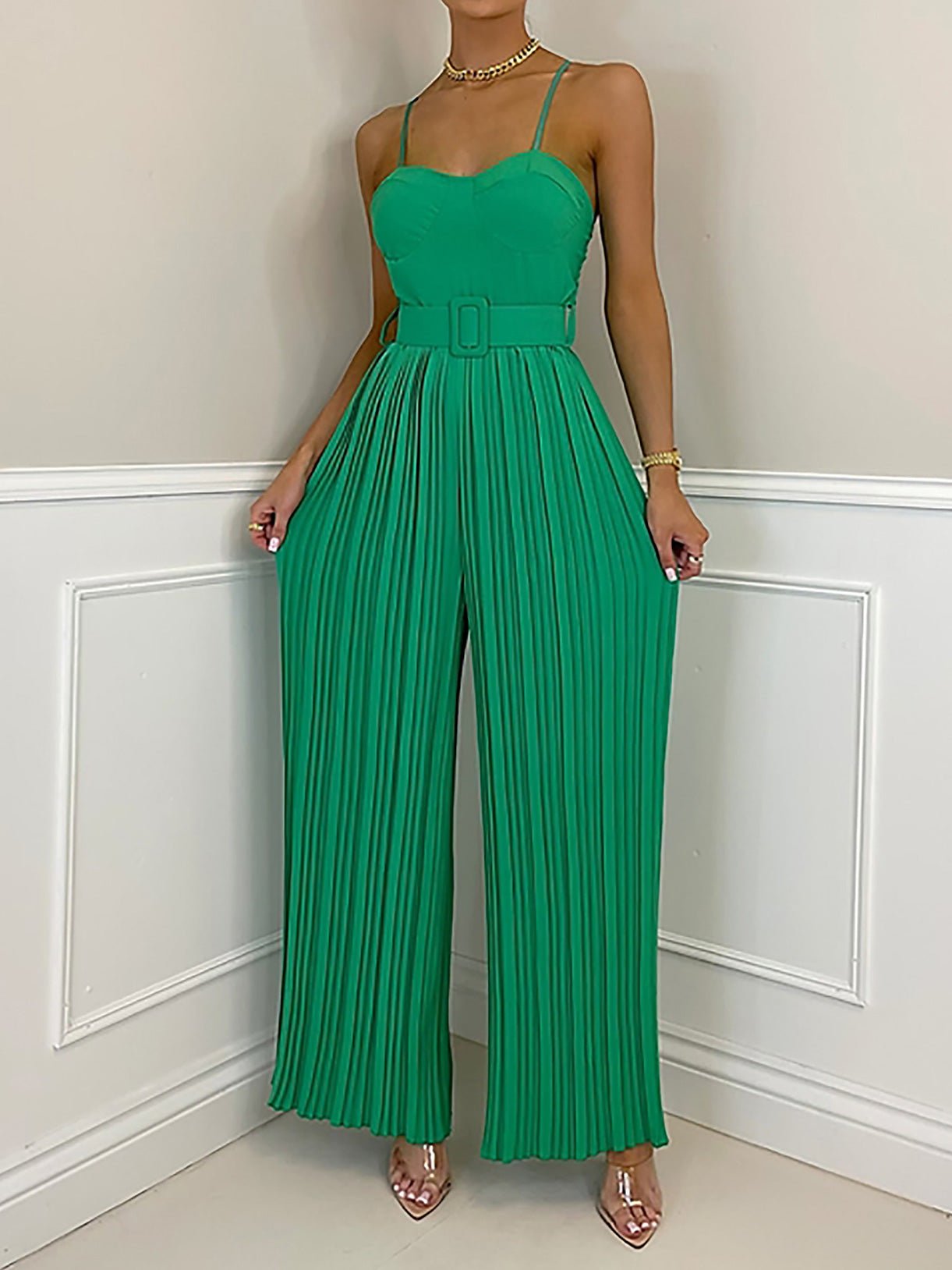 Women's Jumpsuits Solid Sling Belt Pleated Wide-Leg Jumpsuit - Jumpsuits - Instastyled | Online Fashion Free Shipping Clothing, Dresses, Tops, Shoes - 13/07/2022 - 40-50 - bottoms