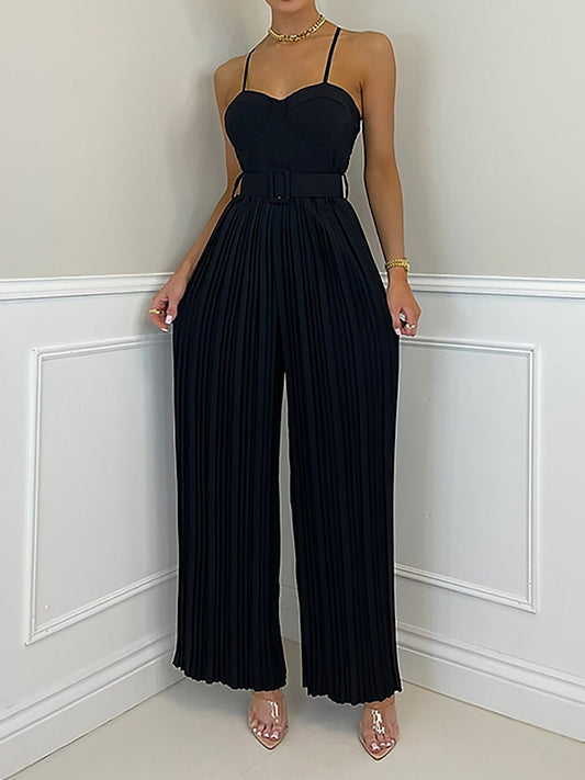 Women's Jumpsuits Solid Sling Belt Pleated Wide-Leg Jumpsuit - Jumpsuits - Instastyled | Online Fashion Free Shipping Clothing, Dresses, Tops, Shoes - 13/07/2022 - 40-50 - bottoms