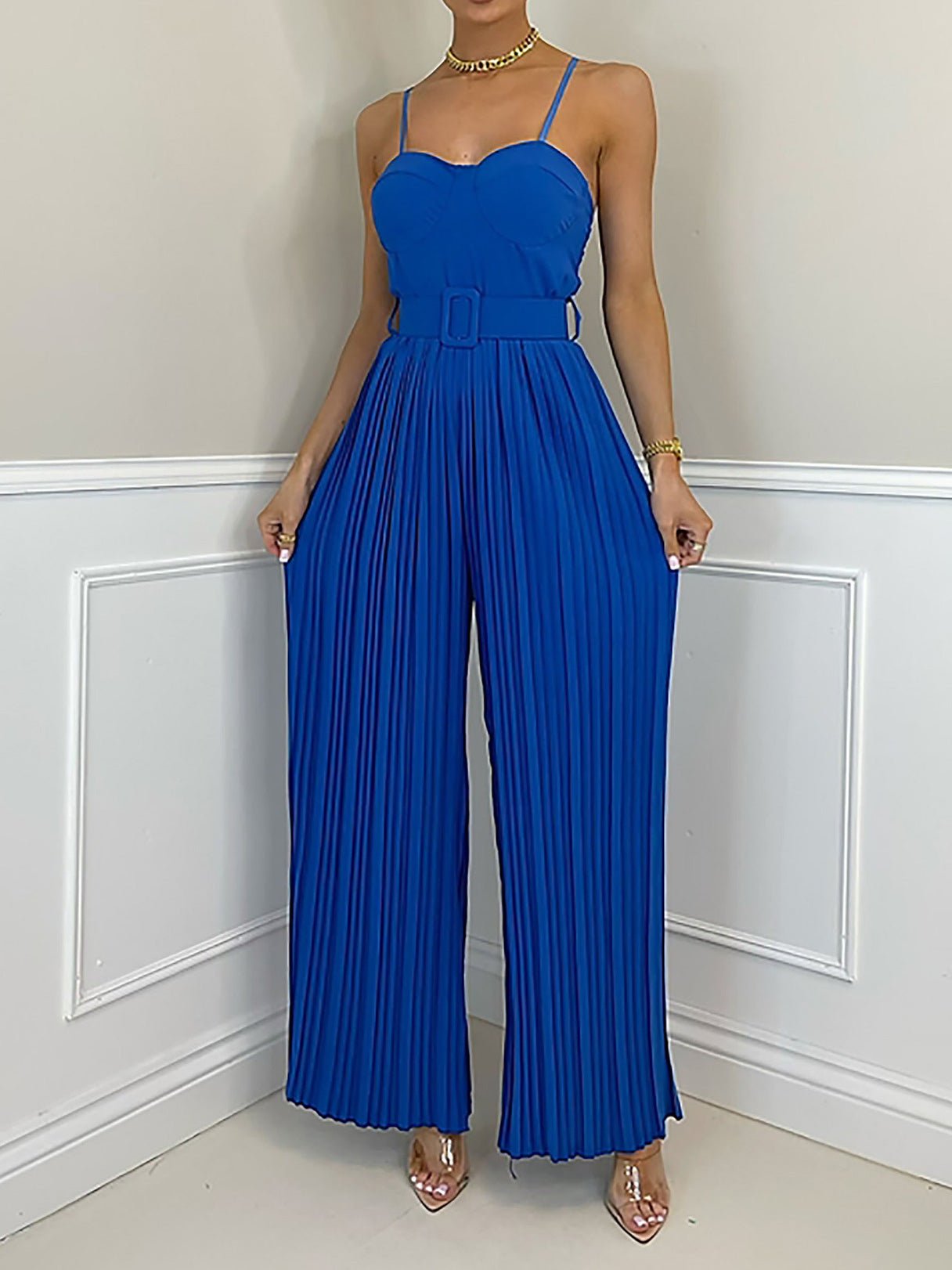 Women's Jumpsuits Solid Sling Belt Pleated Wide-Leg Jumpsuit - Jumpsuits - Instastyled | Online Fashion Free Shipping Clothing, Dresses, Tops, Shoes - 13/07/2022 - 40-50 - bottoms