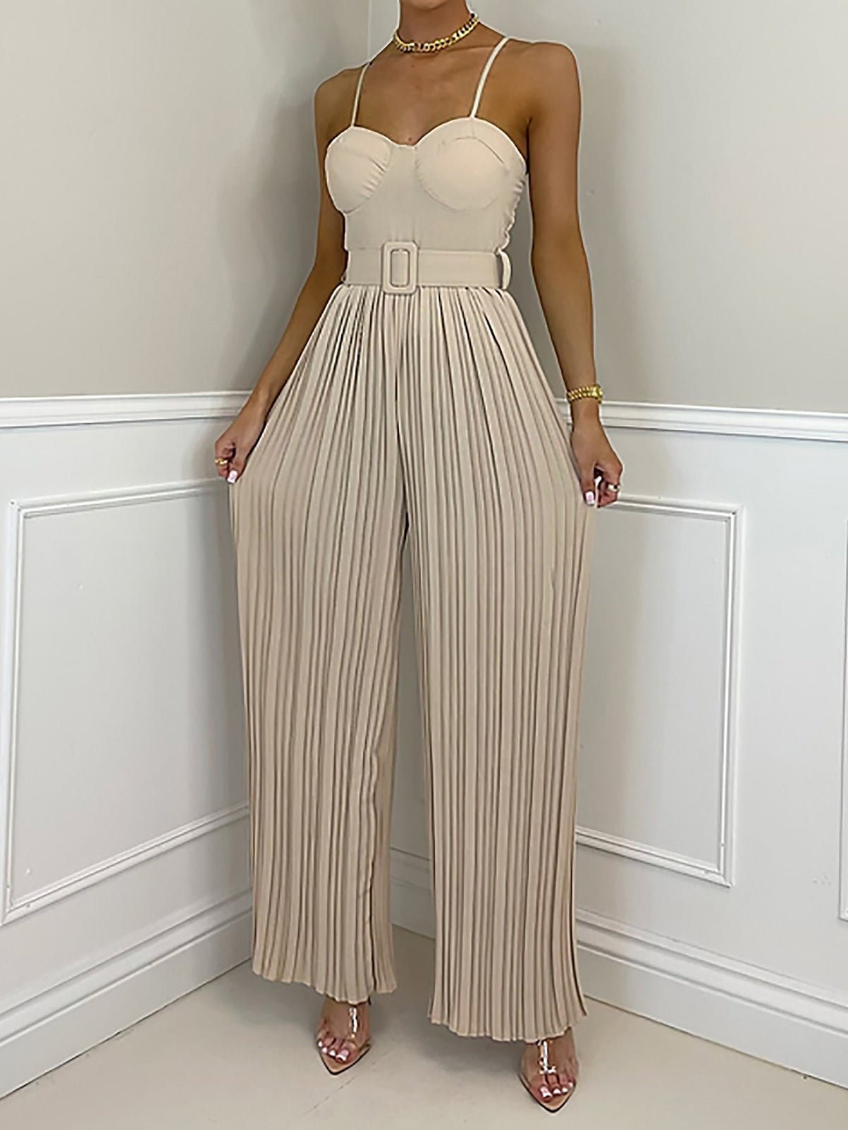 Women's Jumpsuits Solid Sling Belt Pleated Wide-Leg Jumpsuit - Jumpsuits - Instastyled | Online Fashion Free Shipping Clothing, Dresses, Tops, Shoes - 13/07/2022 - 40-50 - bottoms