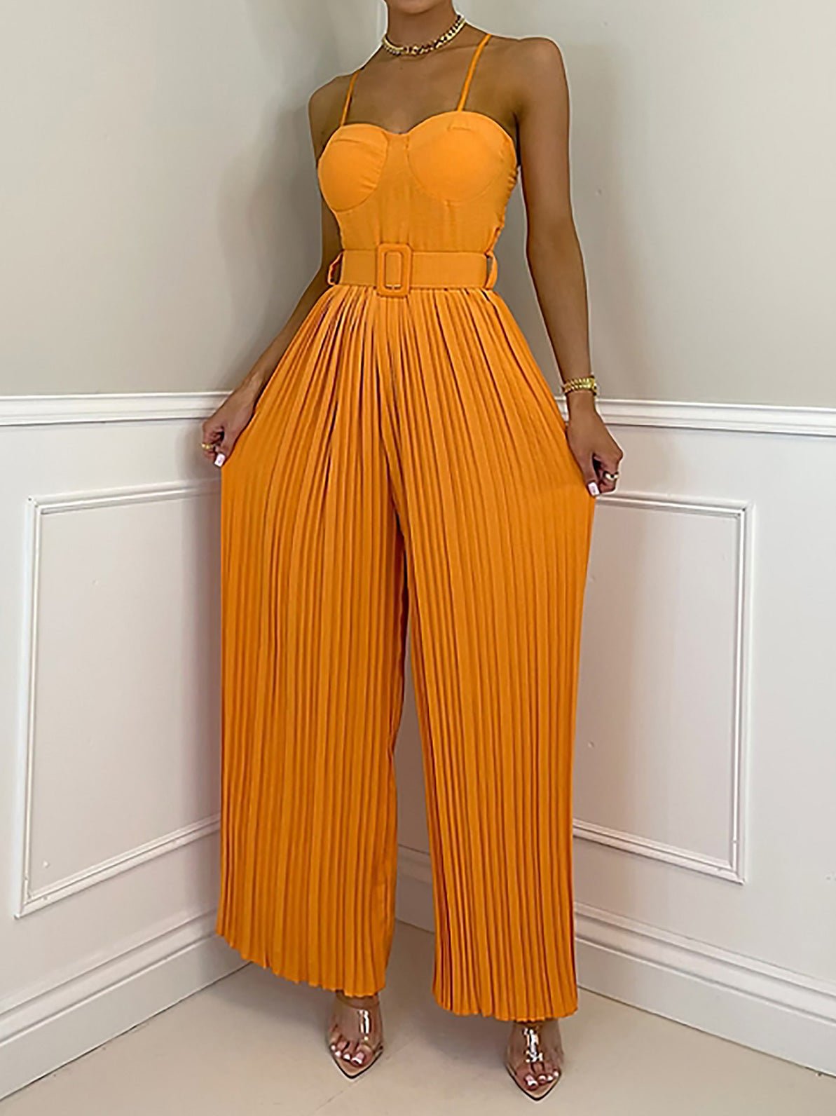 Women's Jumpsuits Solid Sling Belt Pleated Wide-Leg Jumpsuit - Jumpsuits - Instastyled | Online Fashion Free Shipping Clothing, Dresses, Tops, Shoes - 13/07/2022 - 40-50 - bottoms