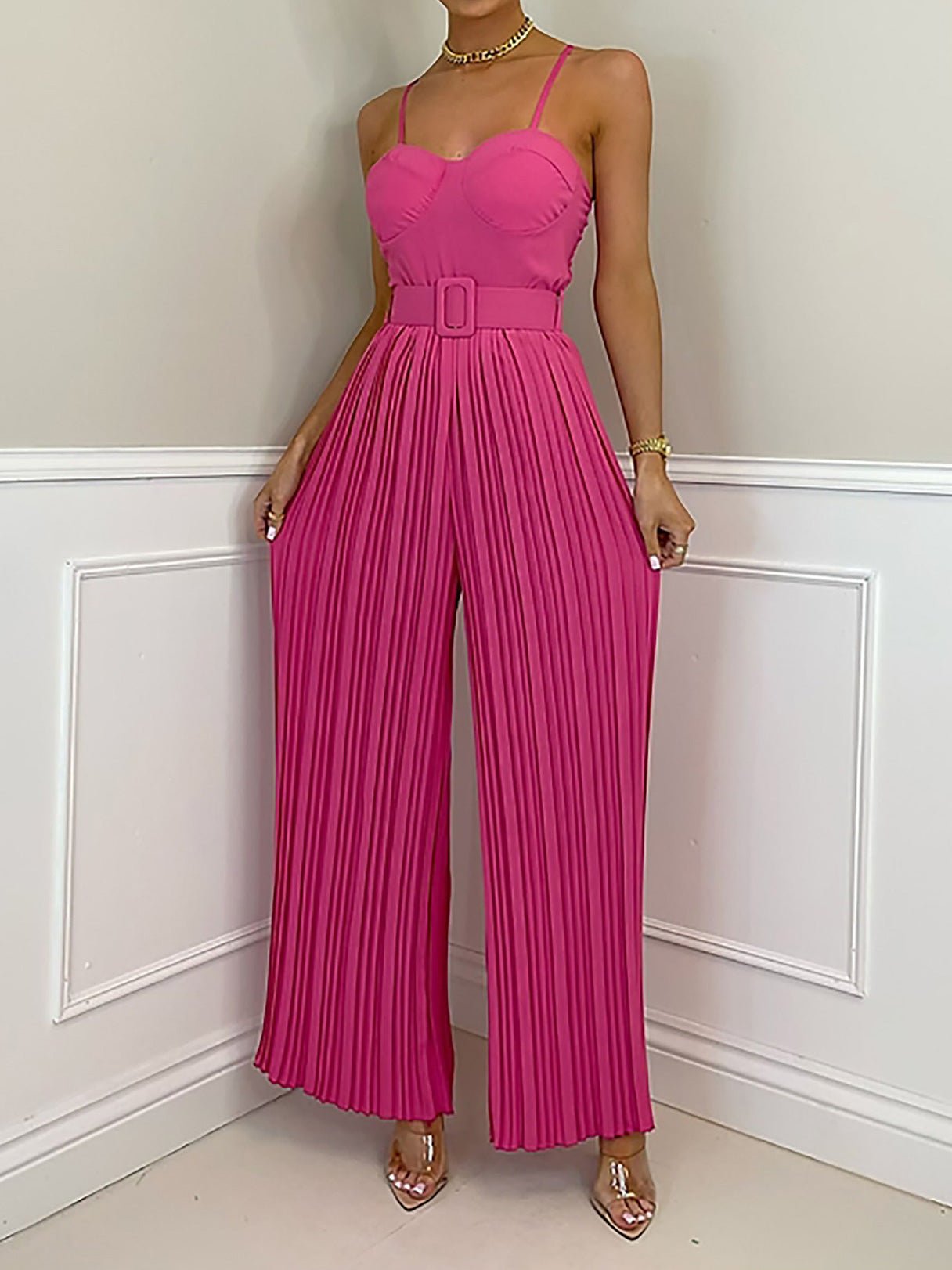 Women's Jumpsuits Solid Sling Belt Pleated Wide-Leg Jumpsuit - Jumpsuits - Instastyled | Online Fashion Free Shipping Clothing, Dresses, Tops, Shoes - 13/07/2022 - 40-50 - bottoms