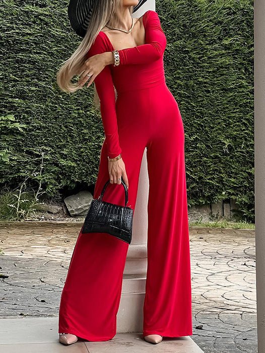 Women's Jumpsuits Solid Square Neck Long Sleeve Slim Fit Jumpsuit - MsDressly