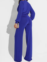 Women's Jumpsuits Solid V-Neck Belted Long Sleeve Jumpsuit - Jumpsuits & Rompers - Instastyled | Online Fashion Free Shipping Clothing, Dresses, Tops, Shoes - 15/01/2022 - 40-50 - Bottoms