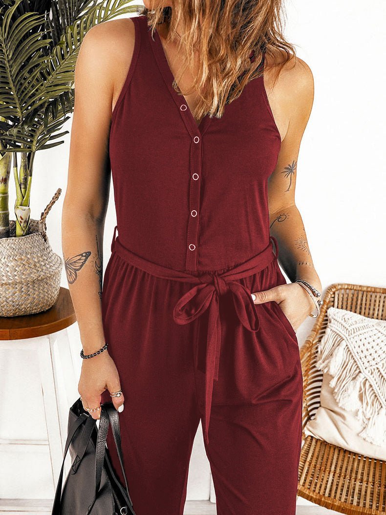 Women's Jumpsuits Solid V-Neck Belted Sleeveless Casual Jumpsuit - Jumpsuits - Instastyled | Online Fashion Free Shipping Clothing, Dresses, Tops, Shoes - 28/02/2022 - 30-40 - Bottoms