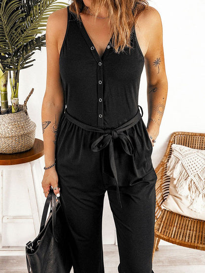 Women's Jumpsuits Solid V-Neck Belted Sleeveless Casual Jumpsuit - Jumpsuits - Instastyled | Online Fashion Free Shipping Clothing, Dresses, Tops, Shoes - 28/02/2022 - 30-40 - Bottoms