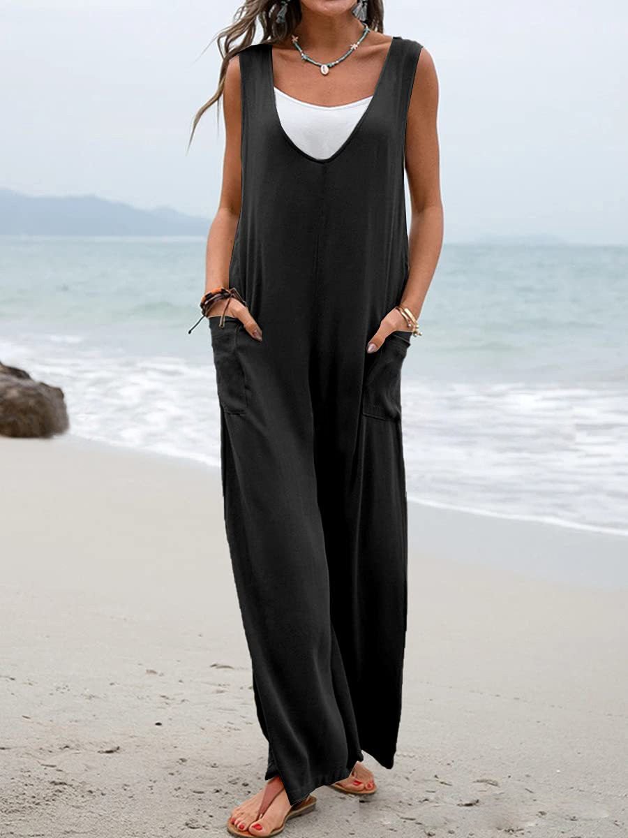 Women's Jumpsuits Solid V-Neck Pocket Wide-Leg Jumpsuit - Jumpsuits - Instastyled | Online Fashion Free Shipping Clothing, Dresses, Tops, Shoes - 07/06/2022 - Bottoms - Color_Black