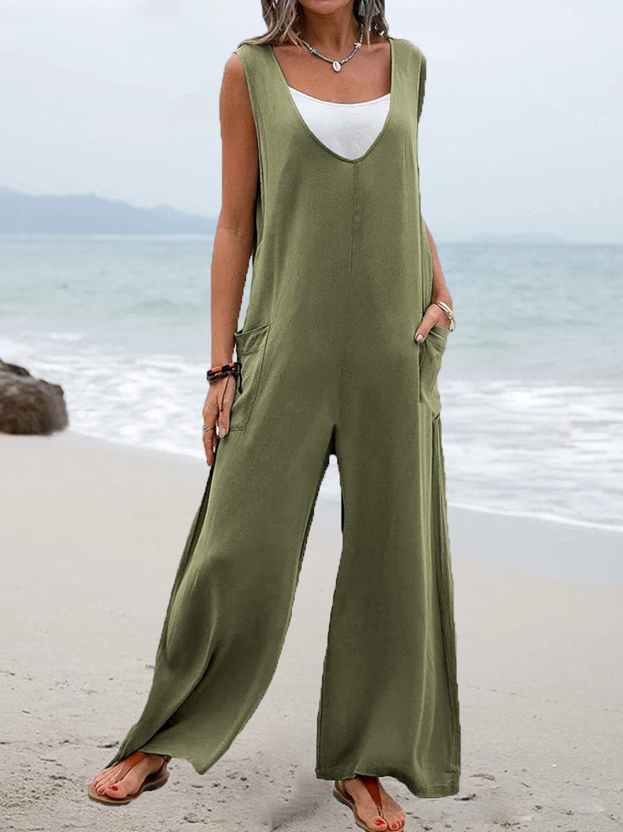 Women's Jumpsuits Solid V-Neck Pocket Wide-Leg Jumpsuit - Jumpsuits - Instastyled | Online Fashion Free Shipping Clothing, Dresses, Tops, Shoes - 07/06/2022 - Bottoms - Color_Black