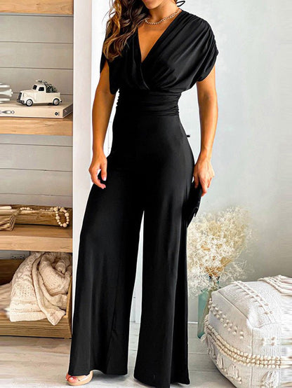 Women's Jumpsuits Solid V-Neck Slim Fit Wide Leg Pants - Jumpsuits - Instastyled | Online Fashion Free Shipping Clothing, Dresses, Tops, Shoes - 15/04/2022 - Bottoms - color-black