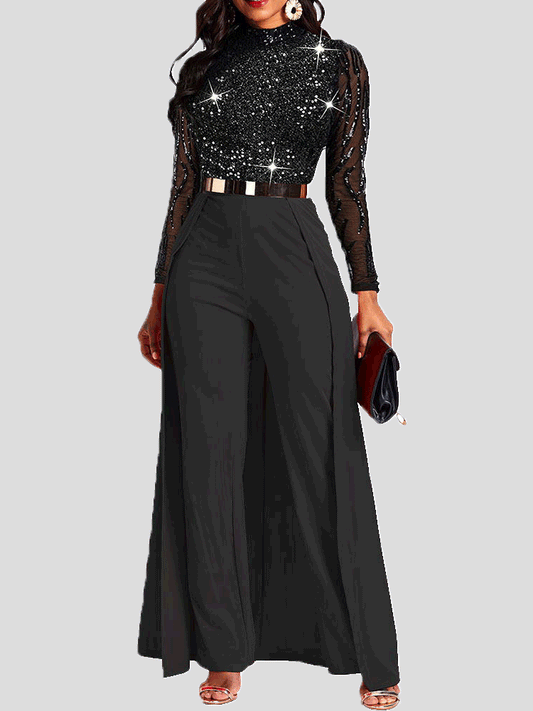 Women's Jumpsuits Sparkling Sequin Long Sleeve Irregular Jumpsuit - Jumpsuits & Rompers - Instastyled | Online Fashion Free Shipping Clothing, Dresses, Tops, Shoes - 10/01/2022 - Bottoms - color-black