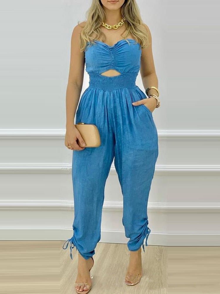 Women's Jumpsuits Tube Top Off-Shoulder Hollow Pocket Jumpsuit - Jumpsuits - Instastyled | Online Fashion Free Shipping Clothing, Dresses, Tops, Shoes - 07/01/2022 - Bottoms - color-blue