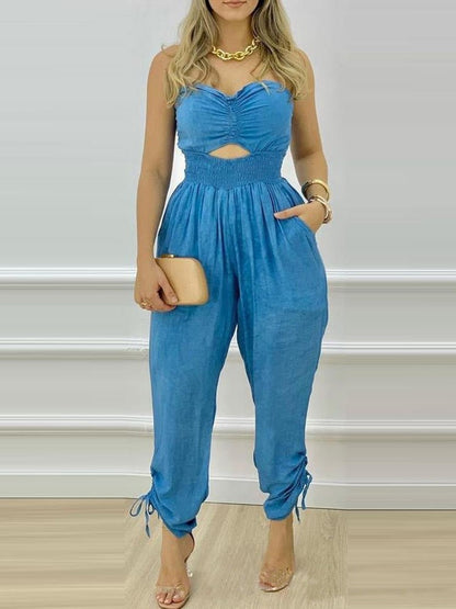 Women's Jumpsuits Tube Top Off-Shoulder Hollow Pocket Jumpsuit - Jumpsuits - Instastyled | Online Fashion Free Shipping Clothing, Dresses, Tops, Shoes - 07/01/2022 - Bottoms - color-blue