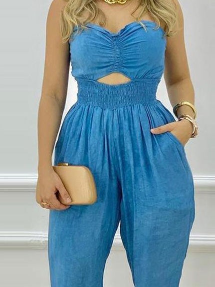 Women's Jumpsuits Tube Top Off-Shoulder Hollow Pocket Jumpsuit - Jumpsuits & Rompers - Instastyled | Online Fashion Free Shipping Clothing, Dresses, Tops, Shoes - 07/01/2022 - Bottoms - color-blue