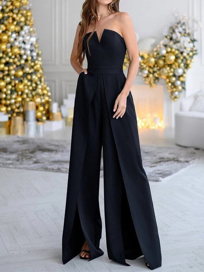 Women's Jumpsuits Tube Top Sleeveless Slit Jumpsuit - Jumpsuits - Instastyled | Online Fashion Free Shipping Clothing, Dresses, Tops, Shoes - Bottoms - color-black - color-red