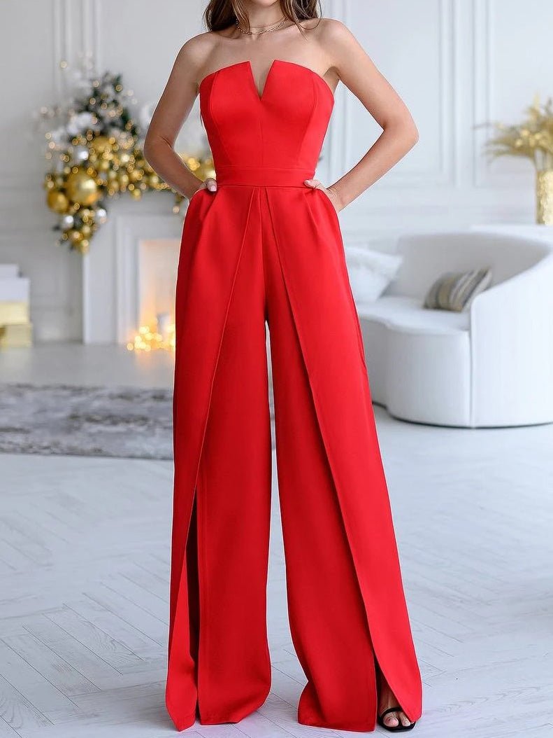 Women's Jumpsuits Tube Top Sleeveless Slit Jumpsuit - Jumpsuits - Instastyled | Online Fashion Free Shipping Clothing, Dresses, Tops, Shoes - Bottoms - color-black - color-red