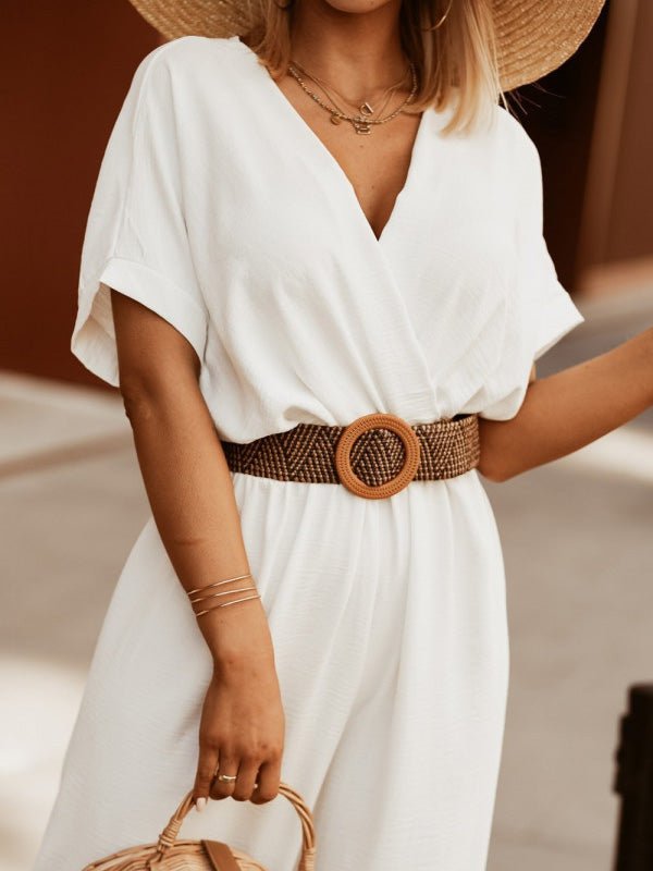 Women's Jumpsuits V-Neck Bat Short Sleeve Belt Jumpsuit - Jumpsuits - Instastyled | Online Fashion Free Shipping Clothing, Dresses, Tops, Shoes - 09/07/2022 - 40-50 - Bottoms