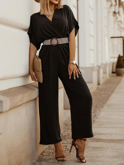 Women's Jumpsuits V-Neck Bat Short Sleeve Belt Jumpsuit - Jumpsuits - Instastyled | Online Fashion Free Shipping Clothing, Dresses, Tops, Shoes - 09/07/2022 - 40-50 - Bottoms