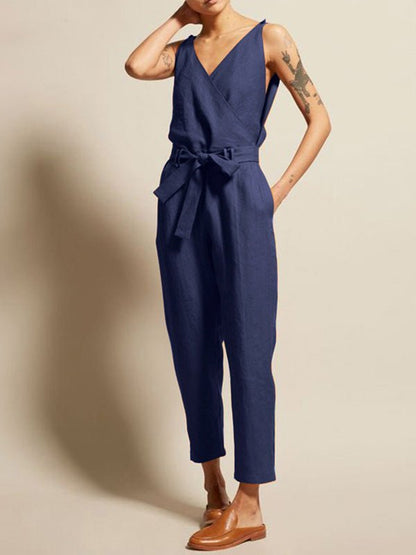 Women's Jumpsuits V-Neck Belt Sleeveless Pocket Casual Jumpsuit - Jumpsuits - Instastyled | Online Fashion Free Shipping Clothing, Dresses, Tops, Shoes - 24/06/2022 - Bottoms - Color_Apricot