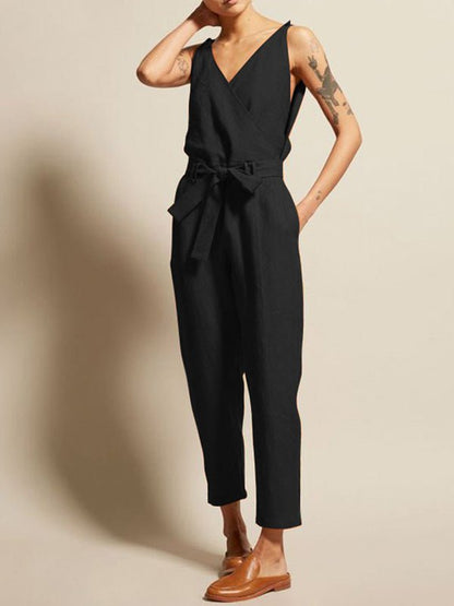 Women's Jumpsuits V-Neck Belt Sleeveless Pocket Casual Jumpsuit - Jumpsuits - Instastyled | Online Fashion Free Shipping Clothing, Dresses, Tops, Shoes - 24/06/2022 - Bottoms - Color_Apricot
