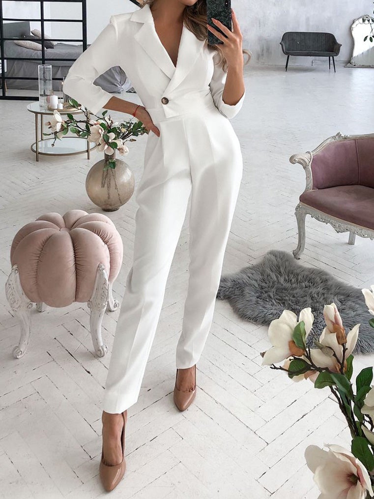 Women's Jumpsuits V-Neck Button Long Sleeve Jumpsuit - Jumpsuits & Rompers - Instastyled | Online Fashion Free Shipping Clothing, Dresses, Tops, Shoes - 11/01/2022 - Bottoms - color-black