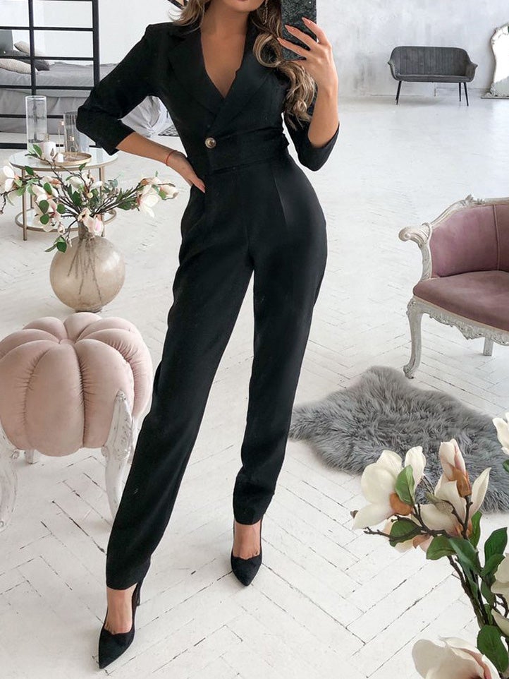 Women's Jumpsuits V-Neck Button Long Sleeve Jumpsuit - Jumpsuits & Rompers - Instastyled | Online Fashion Free Shipping Clothing, Dresses, Tops, Shoes - 11/01/2022 - Bottoms - color-black