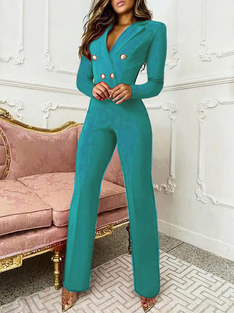 Women's Jumpsuits V-Neck Button Long Sleeve Slim Fit Jumpsuit - Jumpsuits & Rompers - Instastyled | Online Fashion Free Shipping Clothing, Dresses, Tops, Shoes - 22/12/2021 - 40-50 - Bottoms