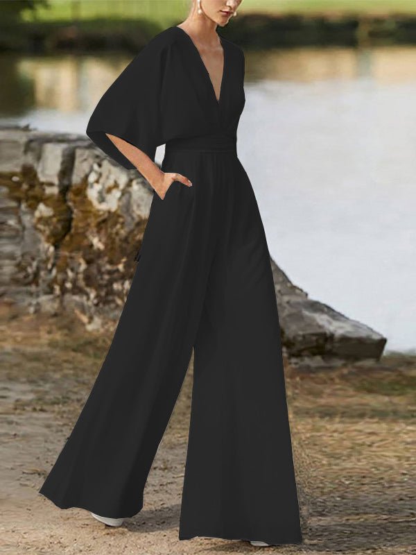 Women's Jumpsuits V-Neck High Waist Wide Leg Jumpsuit - Jumpsuits - Instastyled | Online Fashion Free Shipping Clothing, Dresses, Tops, Shoes - 01/11/2022 - bottoms - color-black