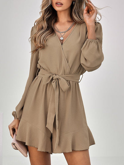Women's Jumpsuits V-neck Long Sleeve Solid Ruffle Jumpsuit - Jumpsuits - Instastyled | Online Fashion Free Shipping Clothing, Dresses, Tops, Shoes - 9/11/2022 - Bottoms - Color_Caramel