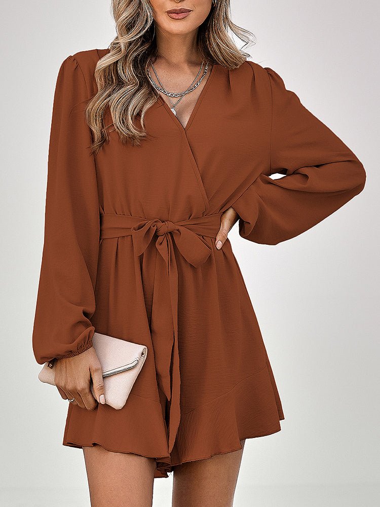 Women's Jumpsuits V-neck Long Sleeve Solid Ruffle Jumpsuit - Jumpsuits - Instastyled | Online Fashion Free Shipping Clothing, Dresses, Tops, Shoes - 9/11/2022 - Bottoms - Color_Caramel