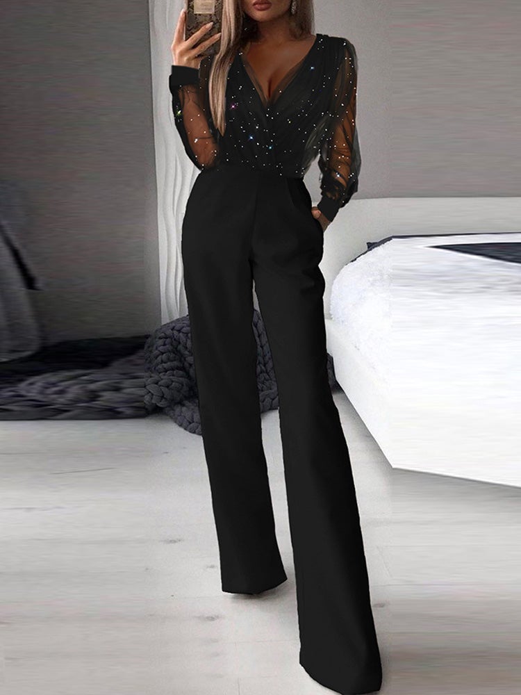 Women's Jumpsuits V-Neck Mesh Stitching Long Sleeve Jumpsuit - Jumpsuits & Rompers - Instastyled | Online Fashion Free Shipping Clothing, Dresses, Tops, Shoes - 30/12/2021 - Bottoms - color-black