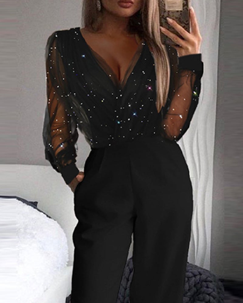 Women's Jumpsuits V-Neck Mesh Stitching Long Sleeve Jumpsuit - Jumpsuits & Rompers - Instastyled | Online Fashion Free Shipping Clothing, Dresses, Tops, Shoes - 30/12/2021 - Bottoms - color-black