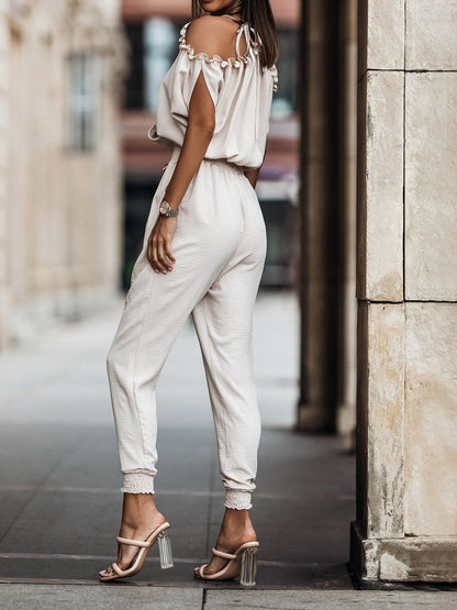 Women's Jumpsuits V-Neck Off Shoulder Elastic Waist Pocket Jumpsuit - Jumpsuits - Instastyled | Online Fashion Free Shipping Clothing, Dresses, Tops, Shoes - 26/07/2022 - Bottoms - Color_Black