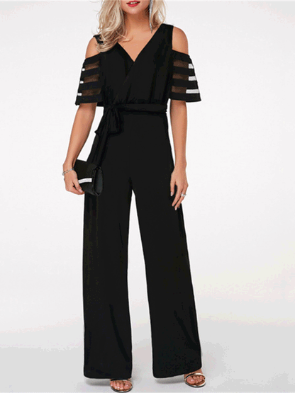 Women's Jumpsuits V-Neck Off-Shoulder Mesh Wide-Leg Jumpsuit - Jumpsuits - Instastyled | Online Fashion Free Shipping Clothing, Dresses, Tops, Shoes - 11/04/2022 - 30-40 - Bottoms