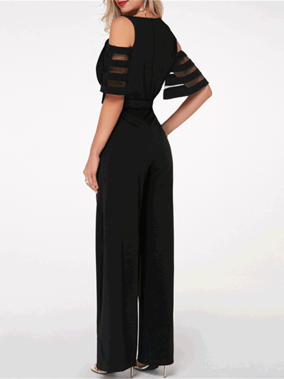 Women's Jumpsuits V-Neck Off-Shoulder Mesh Wide-Leg Jumpsuit - Jumpsuits - Instastyled | Online Fashion Free Shipping Clothing, Dresses, Tops, Shoes - 11/04/2022 - 30-40 - Bottoms