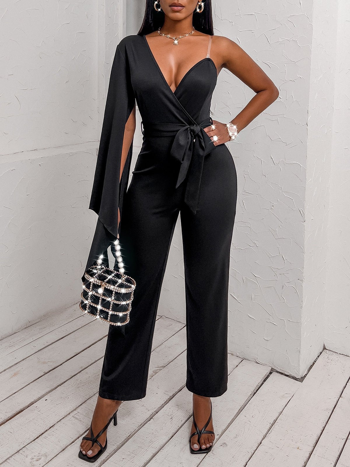 Women's Jumpsuits V-Neck One Shoulder Irregular Jumpsuit - Jumpsuits - Instastyled | Online Fashion Free Shipping Clothing, Dresses, Tops, Shoes - 11/05/2022 - 30-40 - Bottoms