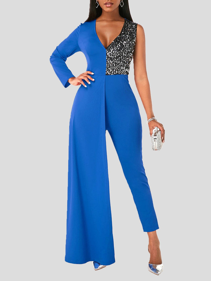 Women's Jumpsuits V-Neck One-Shoulder Sequin Stitching Slim-Fit Jumpsuit - Jumpsuits & Rompers - Instastyled | Online Fashion Free Shipping Clothing, Dresses, Tops, Shoes - 28/12/2021 - Bottoms - color-black