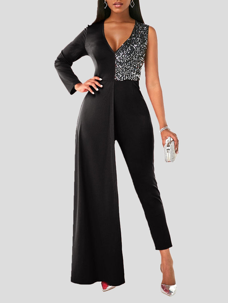 Women's Jumpsuits V-Neck One-Shoulder Sequin Stitching Slim-Fit Jumpsuit - Jumpsuits & Rompers - Instastyled | Online Fashion Free Shipping Clothing, Dresses, Tops, Shoes - 28/12/2021 - Bottoms - color-black
