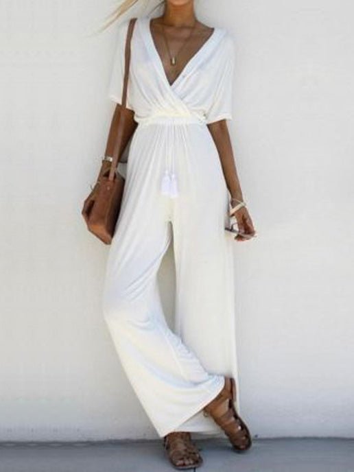 Women's Jumpsuits V-Neck Short Sleeve Belted Wide-Leg Jumpsuit - Jumpsuits - Instastyled | Online Fashion Free Shipping Clothing, Dresses, Tops, Shoes - 18/04/2022 - 20-30 - Bottoms