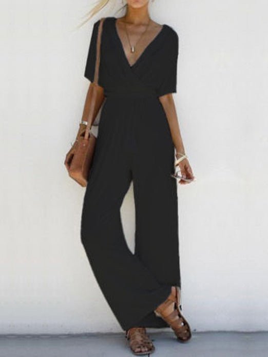 Women's Jumpsuits V-Neck Short Sleeve Belted Wide-Leg Jumpsuit - Jumpsuits - Instastyled | Online Fashion Free Shipping Clothing, Dresses, Tops, Shoes - 18/04/2022 - 20-30 - Bottoms