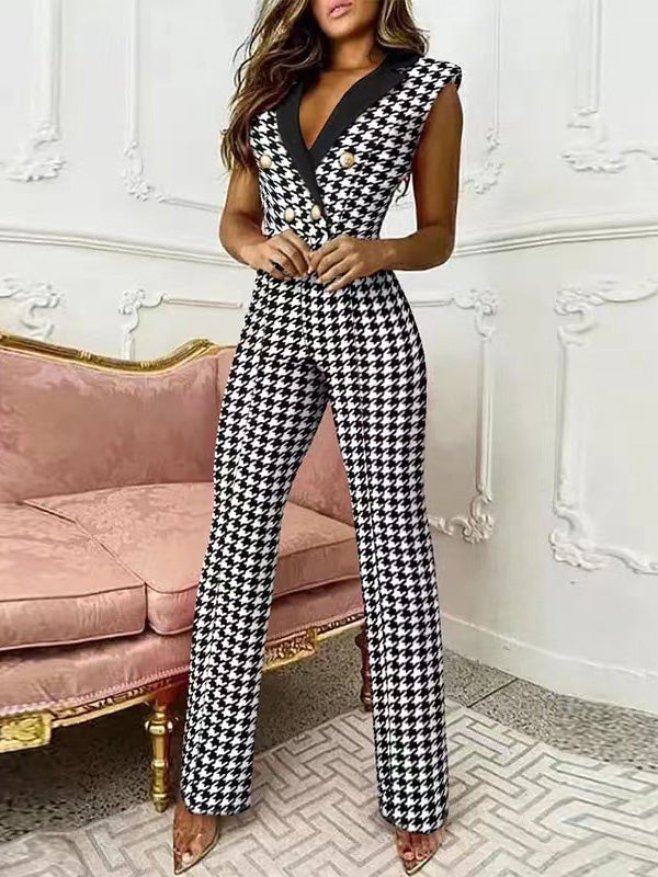 Women's Jumpsuits V-Neck Sleeveless Button Houndstooth Jumpsuit - Jumpsuits & Rompers - Instastyled | Online Fashion Free Shipping Clothing, Dresses, Tops, Shoes - 04/01/2022 - 30-40 - Bottoms