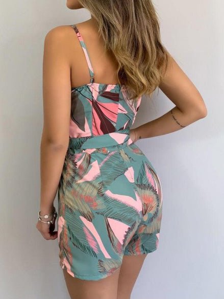 Women's Jumpsuits V-Neck Sling Leaf Print Belted Jumpsuit - Jumpsuits - Instastyled | Online Fashion Free Shipping Clothing, Dresses, Tops, Shoes - 03/03/2022 - 20-30 - Bottoms