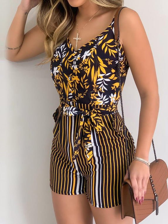 Women's Jumpsuits V-Neck Sling Leaf Print Belted Jumpsuit - Jumpsuits - Instastyled | Online Fashion Free Shipping Clothing, Dresses, Tops, Shoes - 03/03/2022 - 20-30 - Bottoms