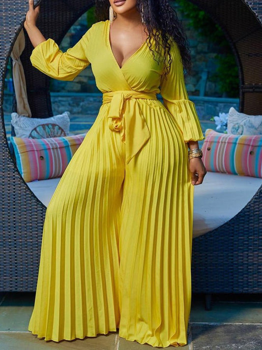 Women's Jumpsuits V-Neck Tie Pleated Wide-Leg Jumpsuit - Jumpsuits - Instastyled | Online Fashion Free Shipping Clothing, Dresses, Tops, Shoes - 25/08/2022 - Bottoms - Color_Apricot