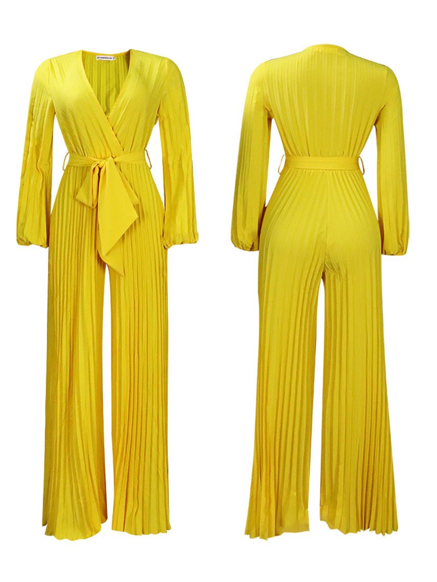 Women's Jumpsuits V-Neck Tie Pleated Wide-Leg Jumpsuit - Jumpsuits - Instastyled | Online Fashion Free Shipping Clothing, Dresses, Tops, Shoes - 25/08/2022 - Bottoms - Color_Apricot