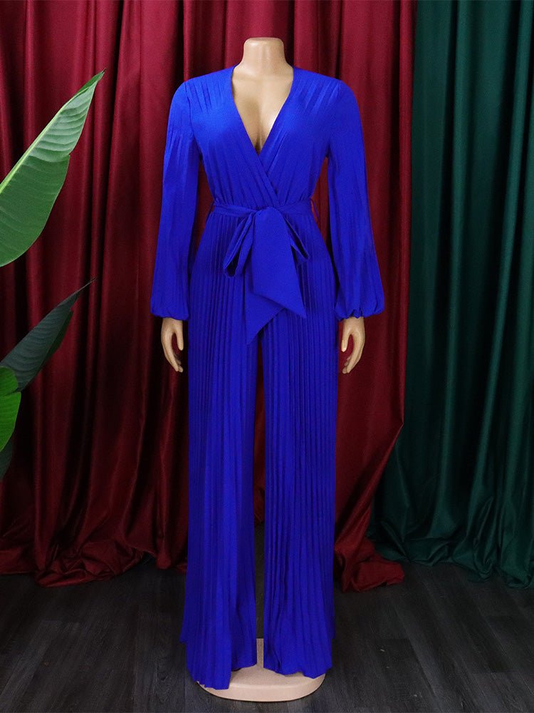 Women's Jumpsuits V-Neck Tie Pleated Wide-Leg Jumpsuit - Jumpsuits - Instastyled | Online Fashion Free Shipping Clothing, Dresses, Tops, Shoes - 25/08/2022 - Bottoms - Color_Apricot