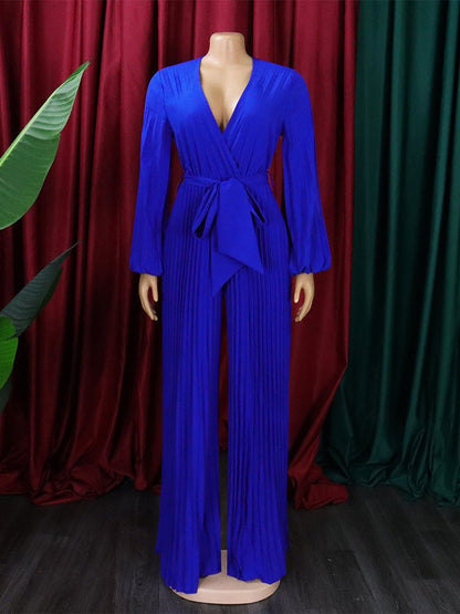 Women's Jumpsuits V-Neck Tie Pleated Wide-Leg Jumpsuit - Jumpsuits - Instastyled | Online Fashion Free Shipping Clothing, Dresses, Tops, Shoes - 25/08/2022 - Bottoms - Color_Apricot