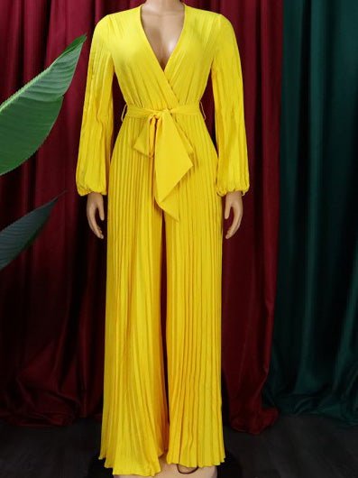 Women's Jumpsuits V-Neck Tie Pleated Wide-Leg Jumpsuit - Jumpsuits - Instastyled | Online Fashion Free Shipping Clothing, Dresses, Tops, Shoes - 25/08/2022 - Bottoms - Color_Apricot