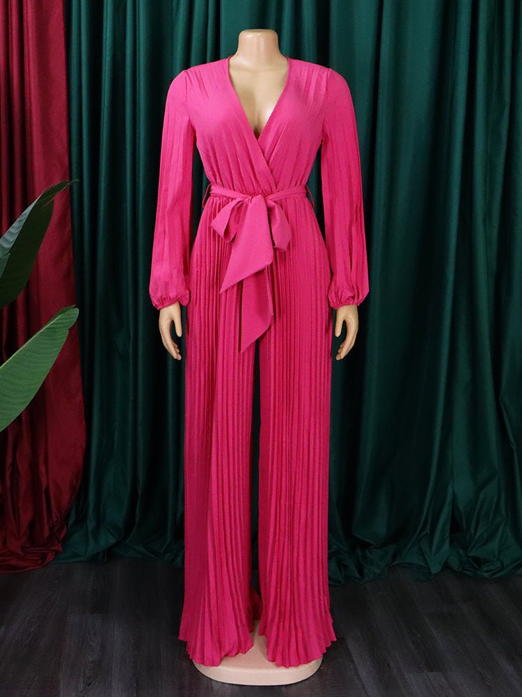 Women's Jumpsuits V-Neck Tie Pleated Wide-Leg Jumpsuit - Jumpsuits - Instastyled | Online Fashion Free Shipping Clothing, Dresses, Tops, Shoes - 25/08/2022 - Bottoms - Color_Apricot